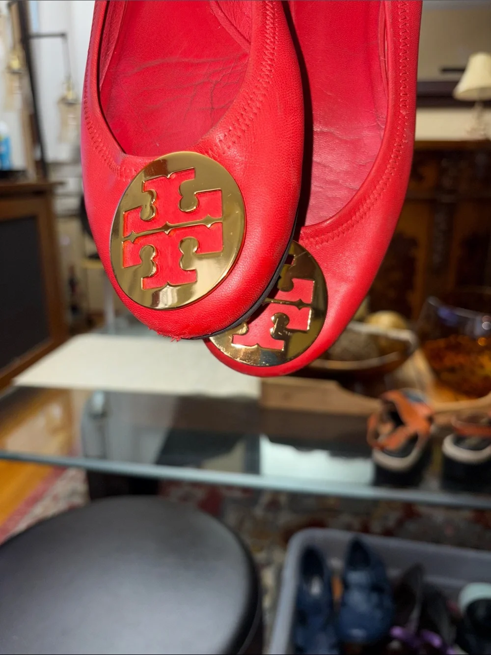 Tory Burch Red Leather Ballet Flats with Gold Logo Medallion